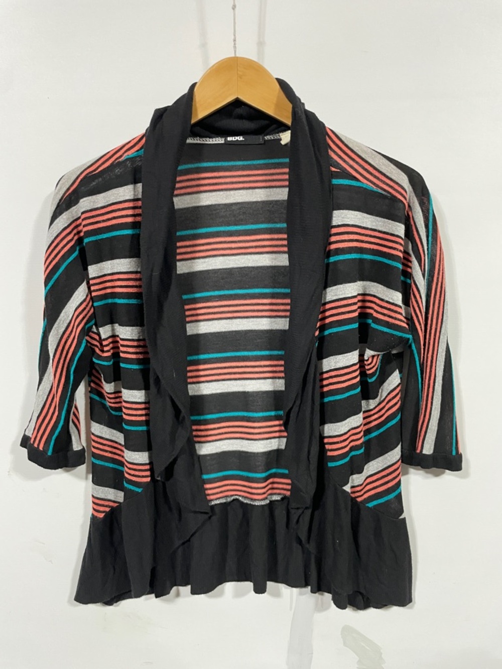 BDG Striped Open-Front Cardigan Sweater - Black with Coral & Teal Stripes